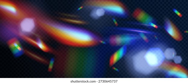 Prism lens flare background with rainbow light leaks and bokeh circles - blurred gradient overlay in vibrant neon colors. Abstract aberration texture for creative photography or digital art projects.