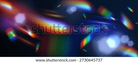 Prism lens flare background with rainbow light leaks and bokeh circles - blurred gradient overlay in vibrant neon colors. Abstract aberration texture for creative photography or digital art projects.