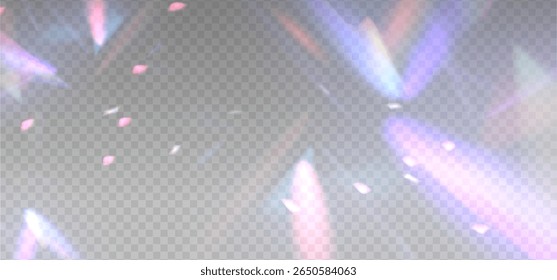 Superposición de dispersión de luz prisma con efecto de luz púrpura arco iris, destellos transparentes de diamante cristal. Brillos de luz prismática o espectro de destellos de lente de refracción de vidrio de gema o destello de luz solar. Vector