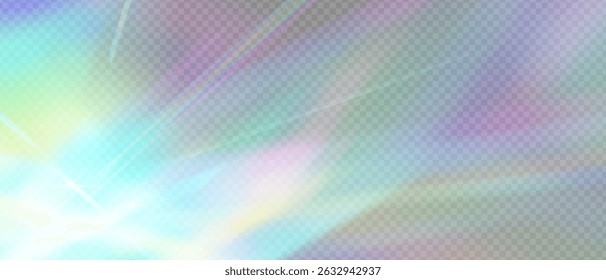 Chama de luz prismática com arco-íris estourado e brilho iridescente. Refração de cristal abstrata, brilho e faísca cósmica. Cobertura de vetor transparente com holograma, folha fina e efeito caleidoscópio.