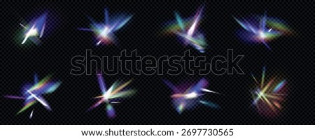 Prism light flare set with rainbow spectrum effects and lens glare overlays - crystal glass refraction bursts, diamond shine streaks and optical elements. Transparent assets for photography design.