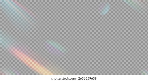 Prism light leaks texture background. Refraction burn effect. Caustic overlay frame. Blurry bright gradient. Iridescent laser beam stripes. Vector transparent decoration.