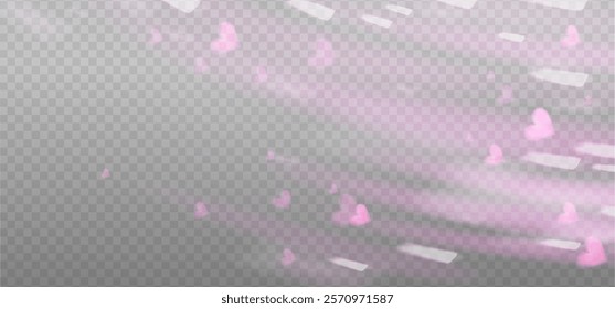 Prism pink light flare effect in motion, lovely light overlay background with warm shine of crystal glass, heart shiny glow. Prism light dispersion with rays and shiny glares effect. Vector