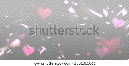 Prism pink romantic light sparkles overlay, crystal shine of heart light with flares. Prism light glasses or lens flare spectrum of gem glass refraction and sunlight shiny dispersion. Vector