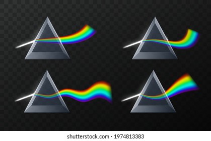 Prism rainbow shapes. Realistic physics refraction, triangular pyramid optical effect, stylized different curves wave lights. Multicolor gradient beam. Vector isolated set