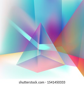 Prism showing dispersion effect caused by light refraction, splitting white light into a spectrum. Abstract geometric minimal background in vaporwave retrofuturistic style of 80s-90s aesthetics.