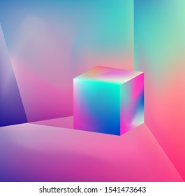 Prism showing dispersion effect caused by light refraction, splitting white light into a spectrum. Abstract geometric minimal background in vaporwave/ synthwave retrofuturistic style.