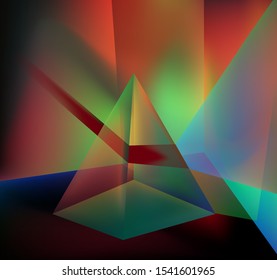 Prism showing dispersion effect caused by light refraction, splitting white light into a spectrum. Abstract geometric minimal background in vaporwave and synthwave retrofuturistic style.