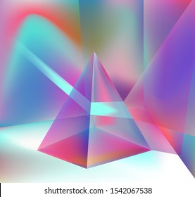 Prism showing dispersion effect caused by light refraction, splitting white light into a spectrum. Abstract geometric minimal background 