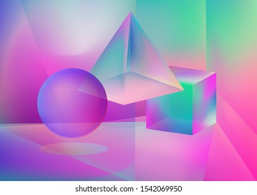 Prism showing dispersion effect caused by light refraction, splitting white light into a spectrum. Abstract geometric minimal background  