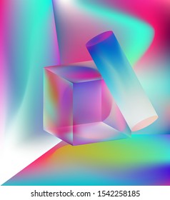 Prism showing dispersion effect caused by light refraction, splitting white light into a spectrum. Abstract geometric minimal background in vaporwave and synthwave retrofuturistic style.