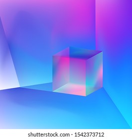 Prism showing dispersion effect caused by light refraction, splitting white light into a spectrum. Abstract geometric minimal background in vaporwave and synthwave retrofuturistic style.