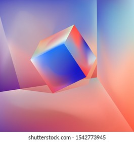 Prism showing dispersion effect caused by light refraction, splitting white light into a spectrum. Abstract geometric minimal background in vaporwave and synthwave retrofuturistic style.
