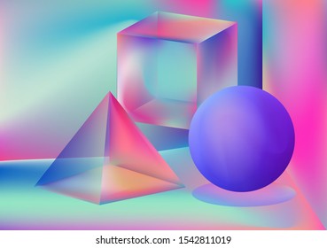 Prism showing dispersion effect caused by light refraction, splitting white light into a spectrum. Abstract geometric minimal background in vaporwave retrofuturistic style of 80s-90s aesthetics.
