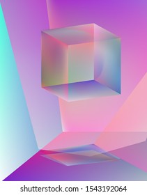 Prism showing dispersion effect caused by light refraction, splitting white light into a spectrum. Abstract geometric minimal background in vaporwave and synthwave retrofuturistic style.