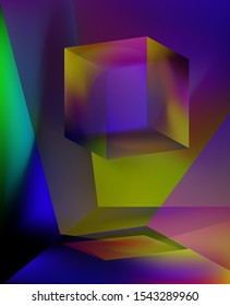 Prism showing dispersion effect caused by light refraction, splitting white light into a spectrum. Abstract geometric minimal background in vaporwave retrofuturistic style of 80s-90s aesthetics.