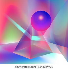 Prism showing dispersion effect caused by light refraction, splitting white light into a spectrum. Abstract geometric minimal background in vaporwave retrofuturistic style of 80s-90s aesthetics.