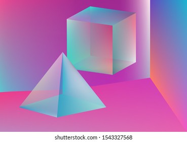 Prism showing dispersion effect caused by light refraction, splitting white light into a spectrum. Abstract geometric minimal background in synthwave retrofuturistic style of 80s-90s aesthetics.