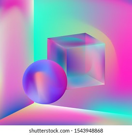 Prism showing dispersion effect caused by light refraction, splitting white light into a spectrum. Abstract geometric minimal background in vaporwave and synthwave retrofuturistic style.