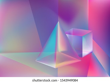 Prism showing dispersion effect caused by light refraction, splitting white light into a spectrum. Abstract geometric minimal background in vaporwave retrofuturistic style of 80s-90s aesthetics.
