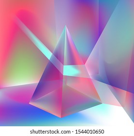 Prism showing dispersion effect caused by light refraction, splitting white light into a spectrum. Abstract geometric minimal background in vaporwave and synthwave retrofuturistic style.