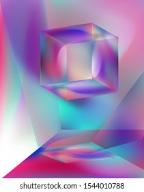 Prism showing dispersion effect caused by light refraction, splitting white light into a spectrum. Abstract geometric minimal background in vaporwave and synthwave retrofuturistic style.