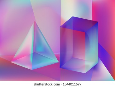 Prism showing dispersion effect caused by light refraction, splitting white light into a spectrum. Abstract geometric minimal background in vaporwave and synthwave retrofuturistic style.