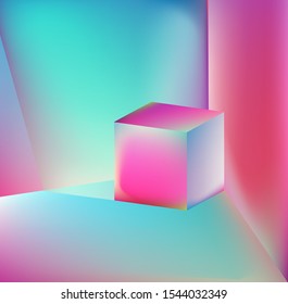 Prism showing dispersion effect caused by light refraction, splitting white light into a spectrum. Abstract geometric minimal background in vaporwave and synthwave retrofuturistic style.