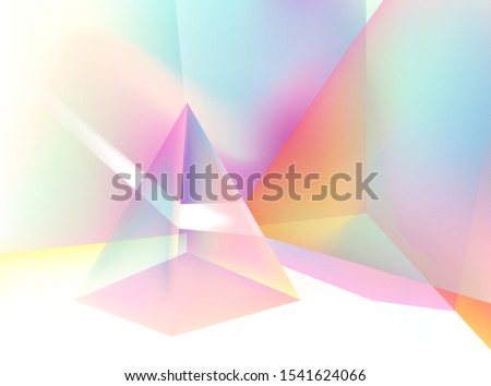 Prism showing dispersion effect caused by light refraction, splitting white light into a spectrum. Abstract geometric minimal background in vaporwave and synthwave retrofuturistic style.