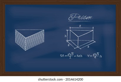 Prism. Sketch of a geometric figure and formulas for calculating its surface area and volume drawn in chalk on chalkboard