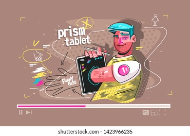 Prism of tablet vector illustration. Cartoon smiling man demonstrating funny hand using modern gadget flat style design. Guy presenting video lesson. Latest technology concept