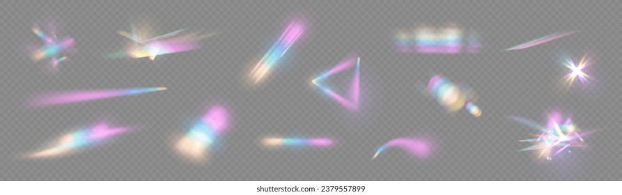 Prism vector, realistic light leak effect with spectral flare. Crystal rays of light, prism refraction, lens flare, crystal glass reflection effect. 
 Bright light banner, poster, template.