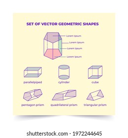 Prism vector set. Image collection of types of prisms. Prism netting. Consists of parallelepiped, cylinder, cube, pentagon, quadrilateral, triangular prism. Perfect to use for math books.