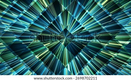 Prismatic glass refraction with bright converging beams of turquoise cyan emerald tones radiating through structured fractal glass grid. Speed high tech evolution energy flow and future design concept