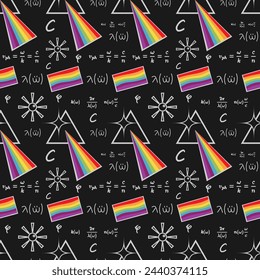 Prismatic spectrum seamless pattern, beautiful scientific pattern, formulas on mathematical symbols. School or college. Black and white