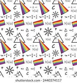 Prismatic spectrum seamless pattern, beautiful scientific pattern, formulas on mathematical symbols. School or college. Black and white