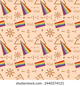 Prismatic spectrum seamless pattern, beautiful scientific pattern, formulas on mathematical symbols. School or college. Orange