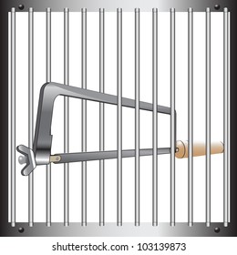 Prison bars with a hacksaw. Vector illustration.