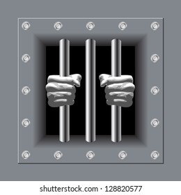 Prison bars with his hands