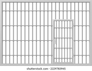 Prison bars with locked door realistic vector illustration. Empty criminal cage guilt justice grid steel for prisoner imprisonment confined frame. Crime doorway metal lattice security jailhouse
