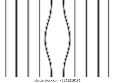 Prison bars vector illustration. 3D realistic broken iron cage with bent sticks to suspects crime escape from police jail, grate with steel curved rod for criminal jailbreak.