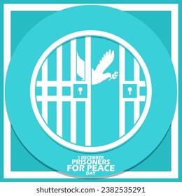 Prison bars with a white bird symbol of peace in circle frame, with bold text on light blue background to commemorate Prisoners for Peace Day on December 1