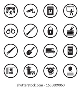 Prison Break Icons. Black Flat Design In Circle. Vector Illustration.