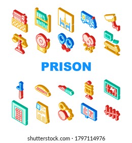 Prison Building And Accessory Icons Set Vector. Prison Cell And Electric Chair, Library And Visit Room, Knife In Bread And Police Baton Isometric Sign Color Illustrations