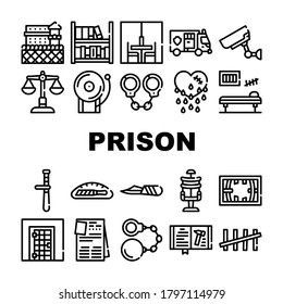 Prison Building And Accessory Icons Set Vector. Prison Cell And Electric Chair, Library And Visit Room, Knife In Bread And Police Baton Black Contour Illustrations