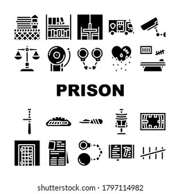 Prison Building And Accessory Icons Set Vector. Prison Cell And Electric Chair, Library And Visit Room, Knife In Bread And Police Baton Glyph Pictograms Black Illustrations