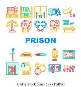 Prison Building And Accessory Icons Set Vector. Prison Cell And Electric Chair, Library And Visit Room, Knife In Bread And Police Baton Concept Linear Pictograms. Color Contour Illustrations