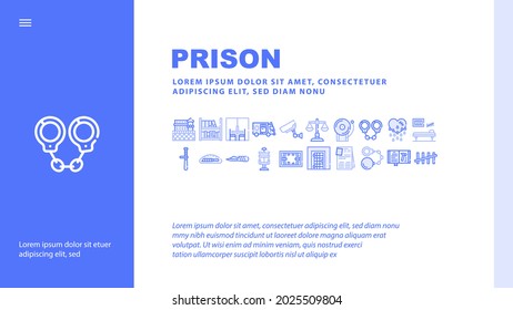 Prison Building And Accessory Icons Set Vector. Prison Cell And Electric Chair, Library And Visit Room, Knife In Bread And Police Baton Illustration