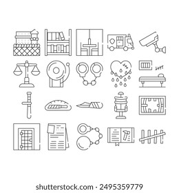 Prison Building And Accessory Icons Set Vector. Prison Cell And Electric Chair, Library And Visit Room, Knife In Bread And Police Baton Black Contour Illustrations
