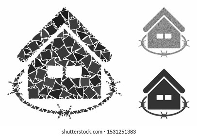 Prison building composition of uneven pieces in variable sizes and color hues, based on prison building icon. Vector uneven dots are combined into mosaic.